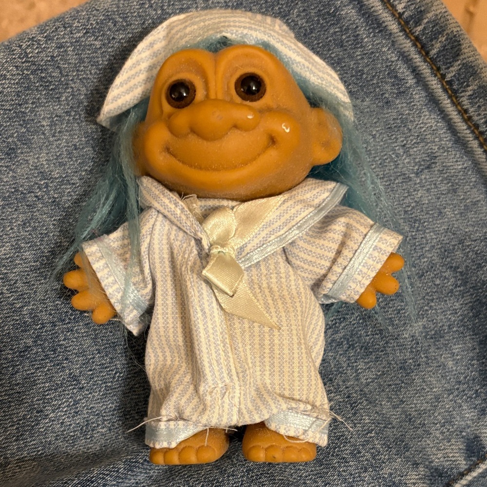Original Russ Troll Doll with Blue Hair and Seersucker blue outfit